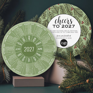 2027 Circle Calendar Business Logo - Cheers Green Holiday Card