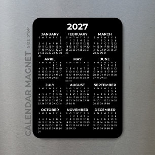 2027 Full Year Calendar Basic Minimal Mini Black Magnet