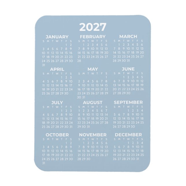 2027 Full Year Calendar Basic Minimal Mini Blue Magnet (Vertical)
