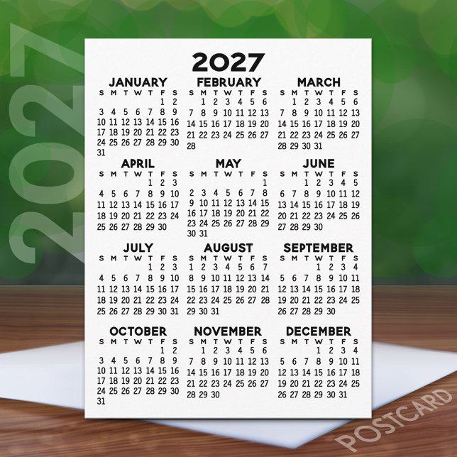 2027 Full Year View Calendar - Basic Minimal Postcard (2027 Calendar on a Postcard)