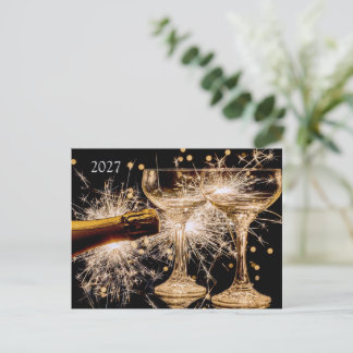 2027 Gold/Black Champagne Glasses Holiday Postcard