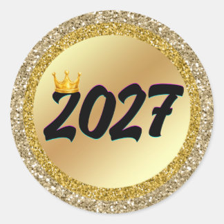 2027 Gold Glitter Crown New Year Classic Round Sticker
