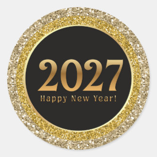 2027 happy new year,gold black metallic sparkles classic round sticker