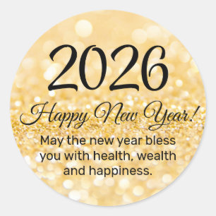 2027 happy new year, stylish script, gold glitters classic round sticker