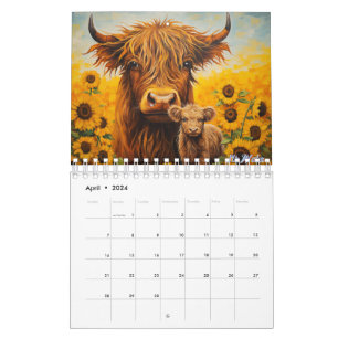 2027 highland cow Calendar with calf sunflower