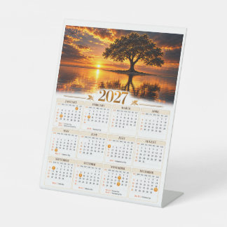 2027 Majestic Tree Sunset Over Golden Lake Pedestal Sign