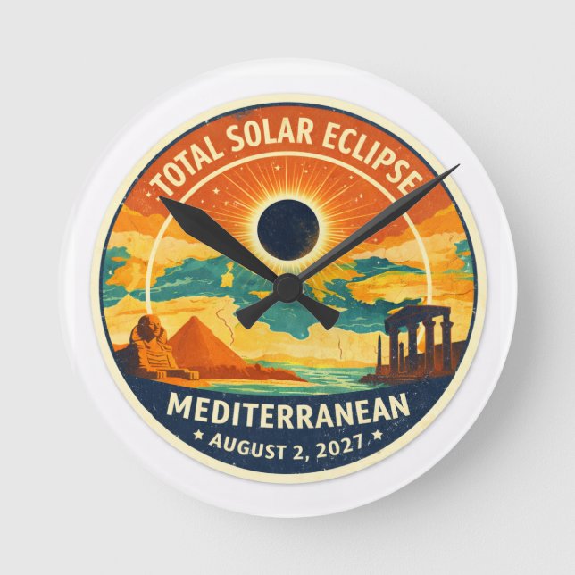 2027 Mediterranean Solar Eclipse Round Clock (Front)