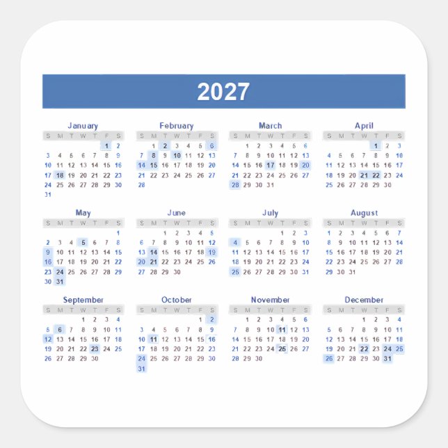 2027 Monthly Calendar Blue Version Square Sticker (Front)