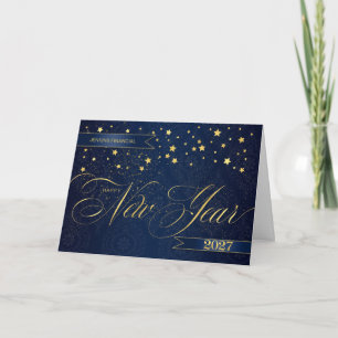 2027 New Year Navy Blue Faux Gold Leaf Stars Holiday Card