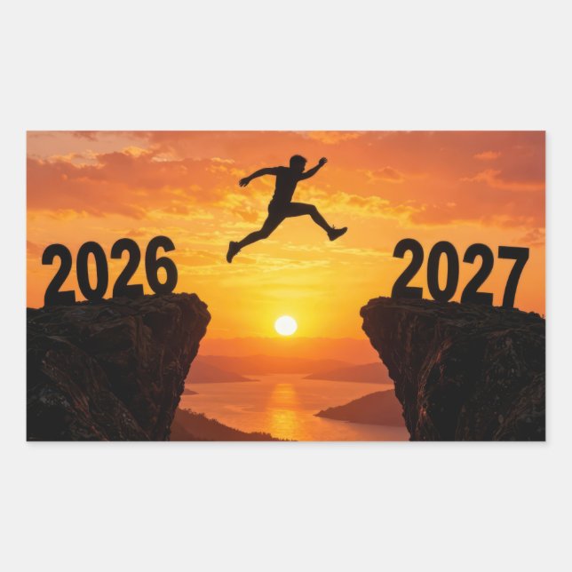 2027 New Year Silhouette Leaping a Cliff Rectangular Sticker (Front)