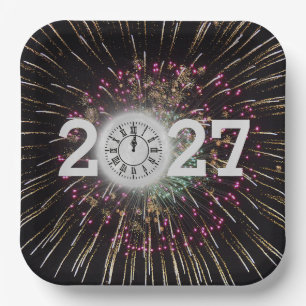 2027 New Years Eve Moon And Clock Paper Plate