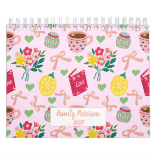 2027 Pink bow flowers handrawing lemon  trendy Calendar