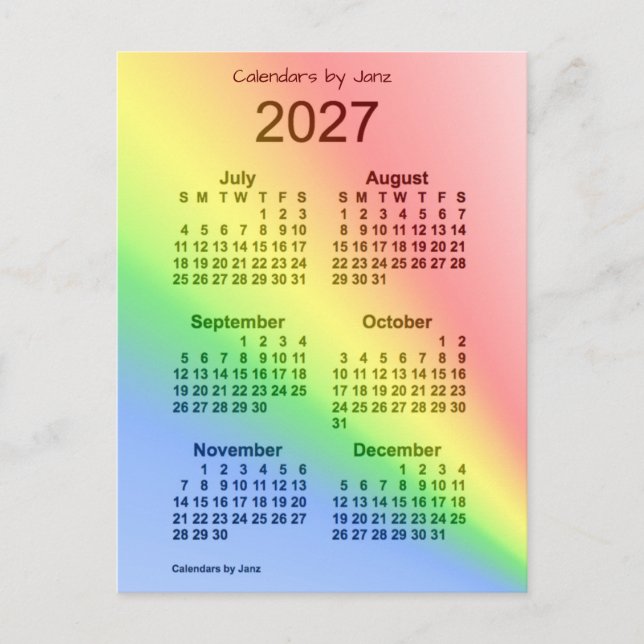 2027 Rainbow 6 Month Mini Calendar by Janz Postcard (Front)