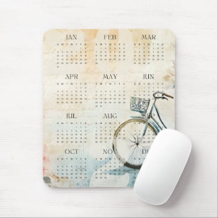 2027 Vintage Watercolor Bicycle Floral Calendar Mouse Pad