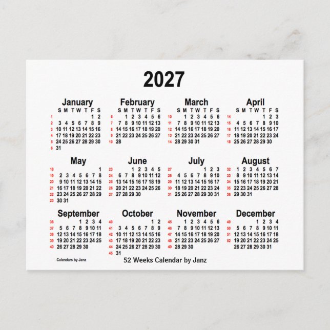 2027 White 52 Weeks Calendar by Janz Postcard (Front)