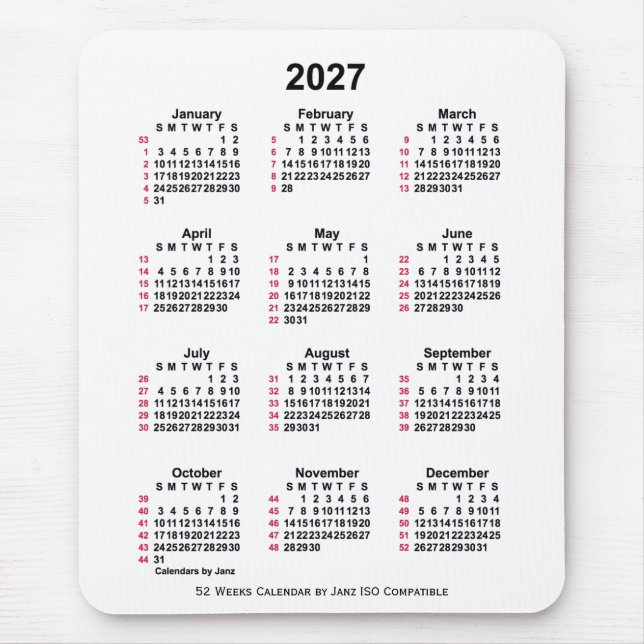 2027 White 52 Weeks ISO Calendar by Janz Mouse Pad (Front)
