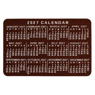 2027 Year Monthly Calendar Brown Wood Grain Simple Magnet