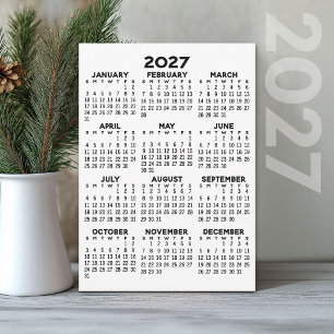 2027 Year View Calendar Basic Black White Card