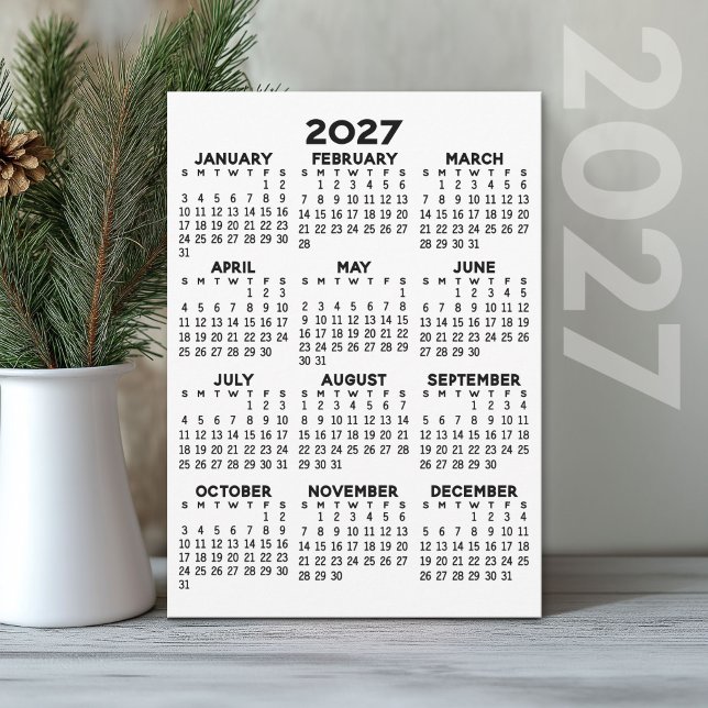 2027 Year View Calendar Basic Black White Card  (2027 Calendar Holiday Card)