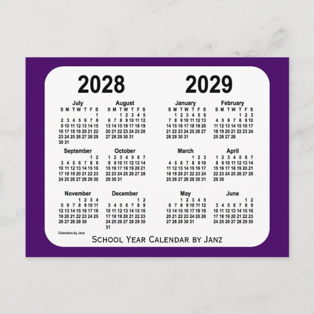 2028-2029 Purple Mini School Year Calendar by Janz Postcard (Front)