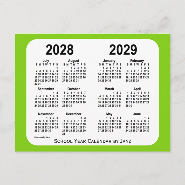 2028-2029 Yellow Green School Calendar by Janz Postcard (Front)