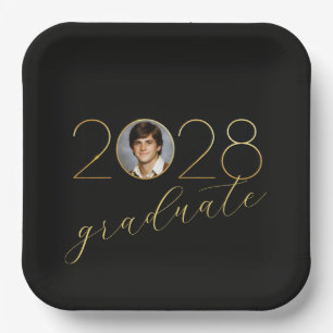 2028 Graduation Party Photo Frame on Black Paper Plate