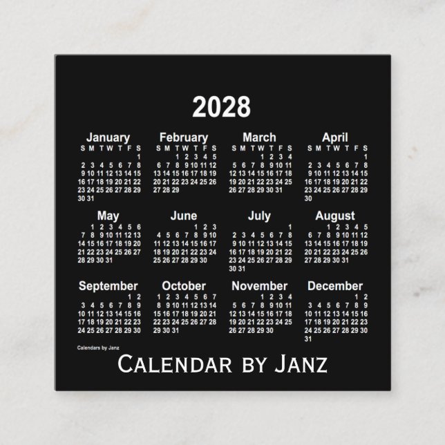 2028 Neon White Calendar by Janz Square Business Card (Front)