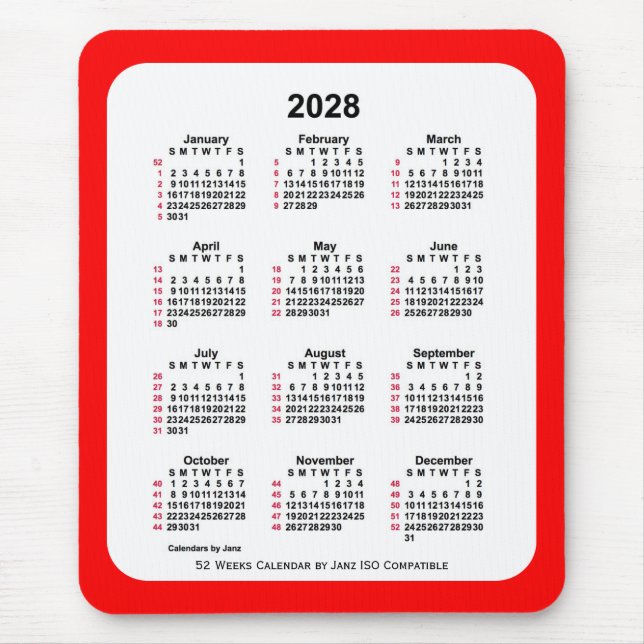 2028 Red 52 Weeks ISO Calendar by Janz Two Tone Mouse Pad (Front)