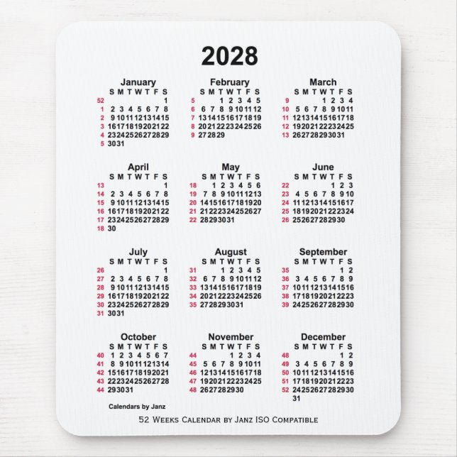 2028 White 52 Weeks ISO Calendar by Janz Mouse Pad (Front)