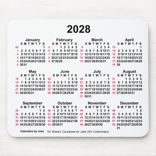 2028 White 52 Weeks ISO Calendar by Janz Mouse Pad (Front)