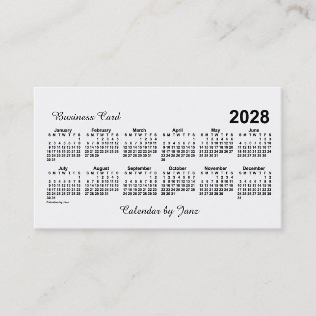 2028 White Calendar by Janz Business Card (Front)