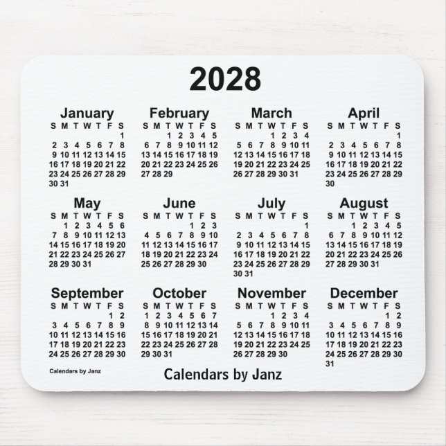 2028 White Calendar by Janz Mouse Pad (Front)