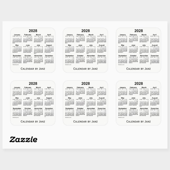 2028 White Calendar by Janz Square Sticker (Sheet)