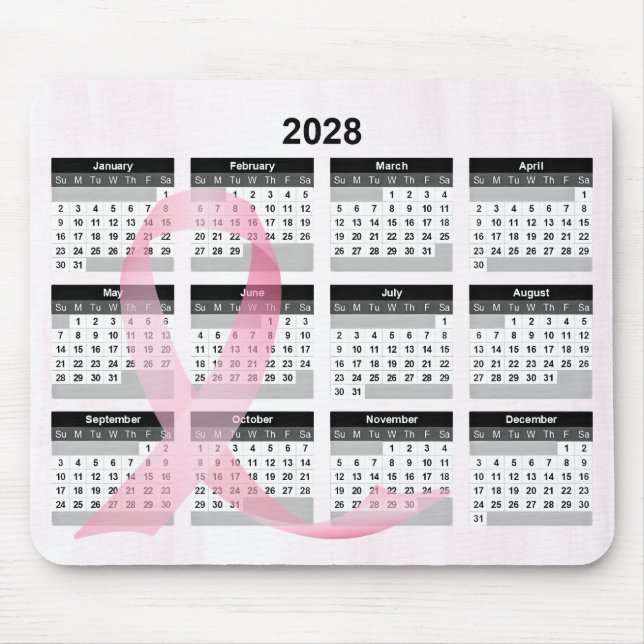 2028 Year Calendar Pink Ribbon Mouse Pad (Front)