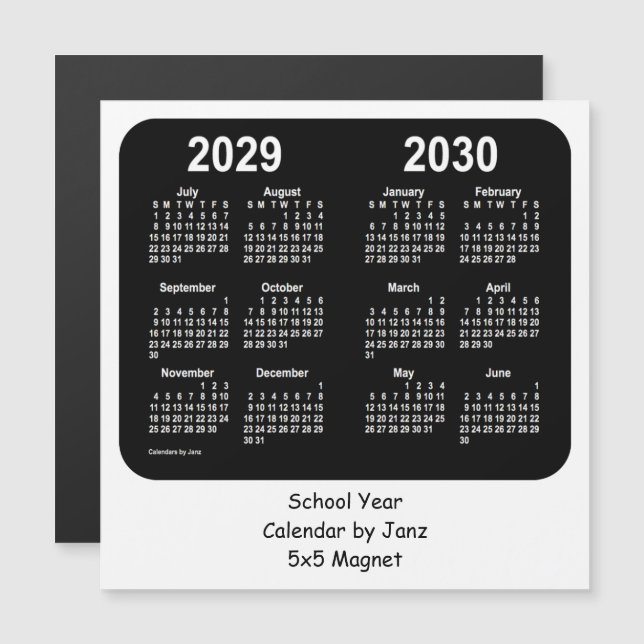 2029-2030 Black and White School Calendar by Janz (Front/Back)