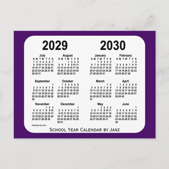 2029-2030 Purple Mini School Year Calendar by Janz Postcard (Front)