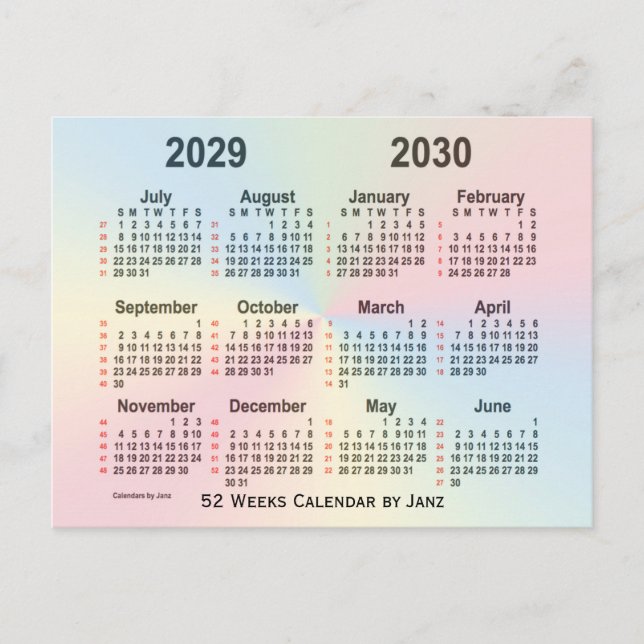 2029-2030 Rainbow 52 Weeks Calendar by Janz Postcard (Front)
