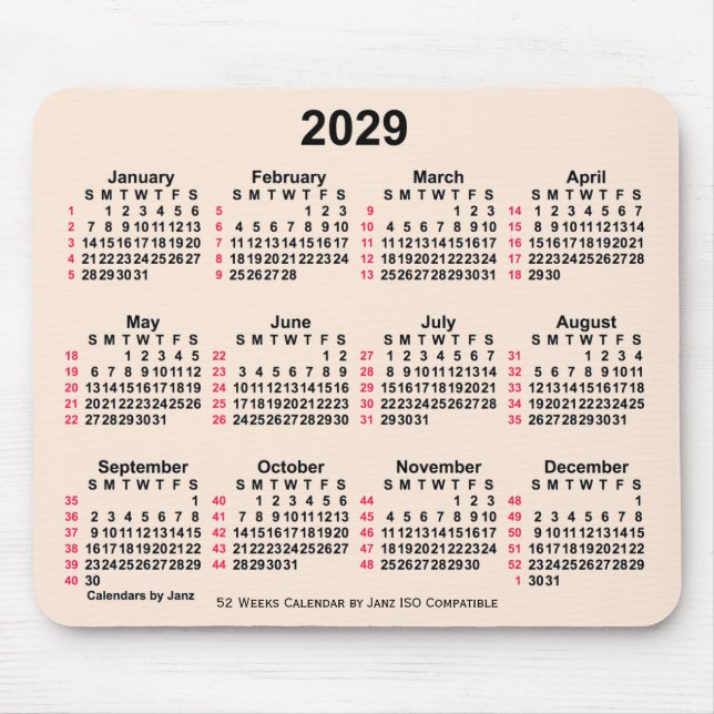 2029 Antique White 52 Weeks ISO Calendar by Janz Mouse Pad (Front)