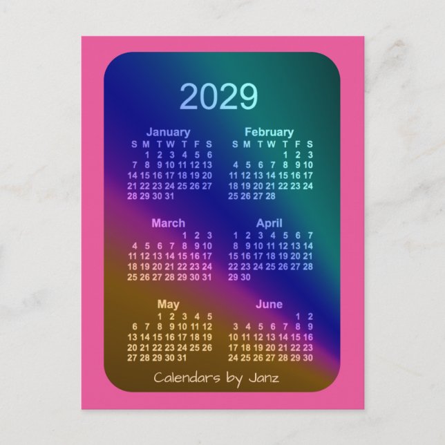 2029 Aurora Pink 6 Month Mini Calendar by Janz Postcard (Front)