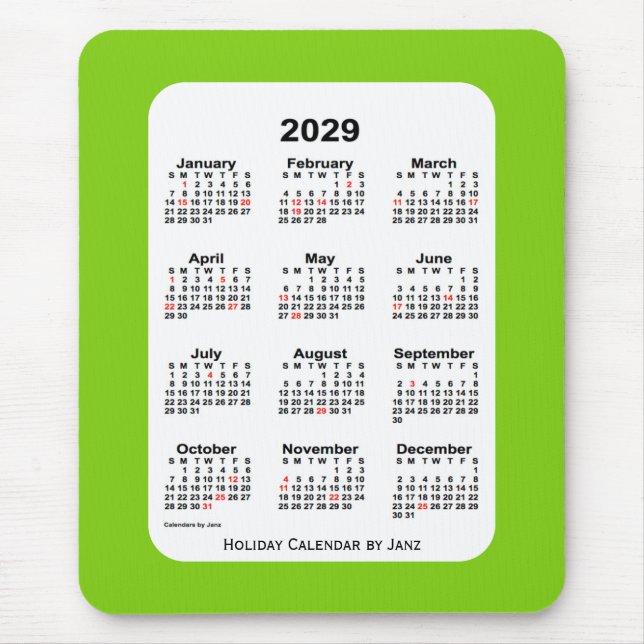 2029 Holiday Yellow Green Calendar by Janz Mouse Pad (Front)