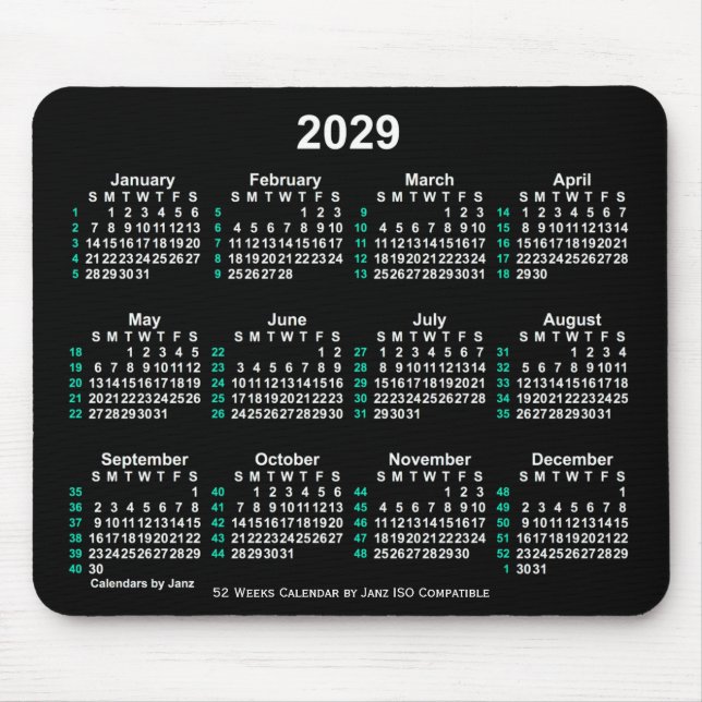 2029 Neon White 52 Weeks ISO Calendar by Janz Mouse Pad (Front)