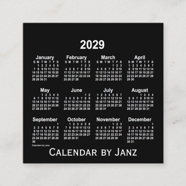 2029 Neon White Calendar by Janz Square Business Card (Front)
