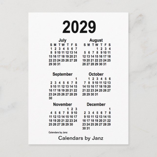 2029 White 6 Month Mini Calendar by Janz Postcard (Front)