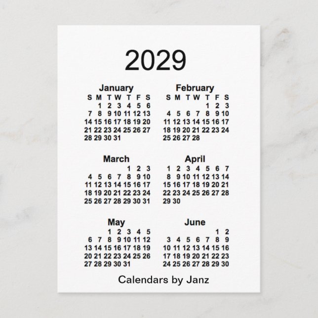 2029 White 6 Month Mini Calendar by Janz Postcard (Front)
