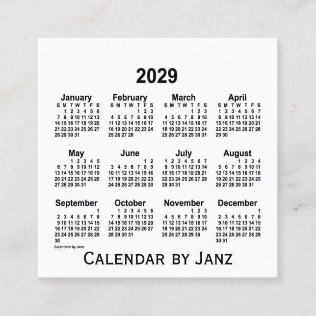 2029 White Calendar by Janz Square Business Card (Front)