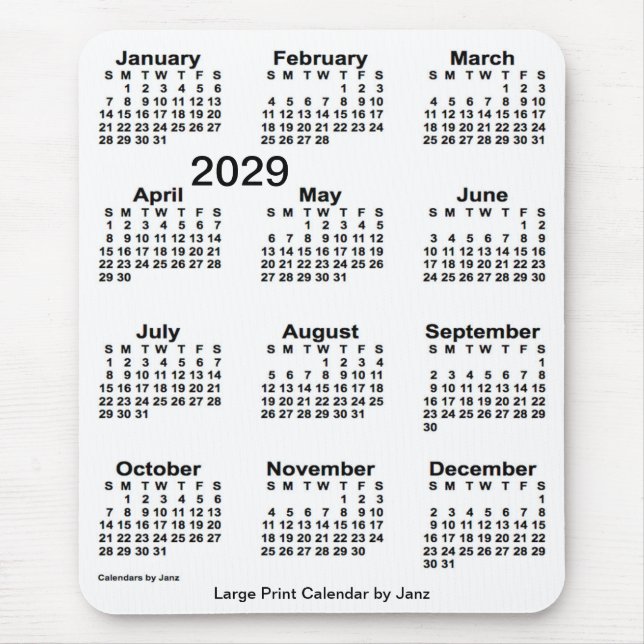 2029 White Large Print Calendar by Janz Mouse Pad (Front)