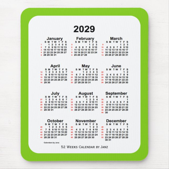 2029 Yellow Green 52 Week Calendar by Janz Mouse Pad (Front)