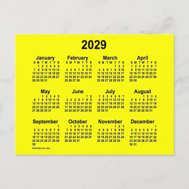 2029 Yellow Mini Calendar by Janz Postcard (Front)