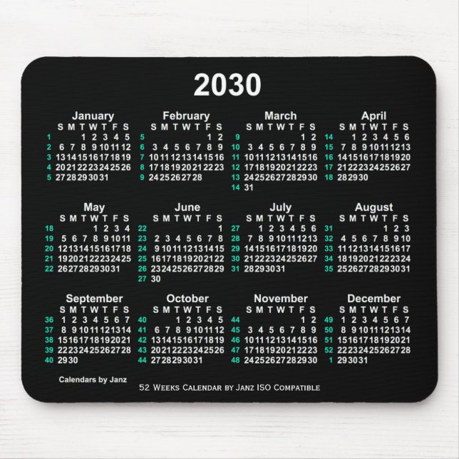 2030 Neon White 52 Weeks ISO Calendar by Janz Mouse Pad (Front)