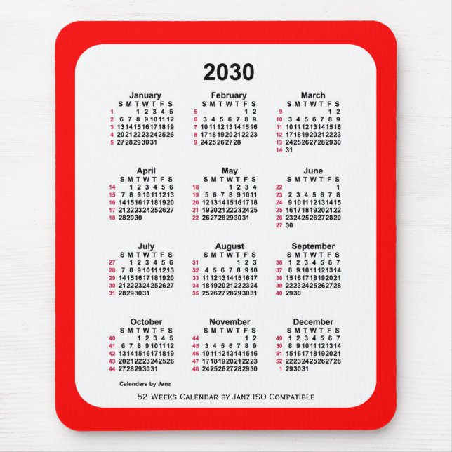 2030 Red 52 Weeks ISO Calendar by Janz Two Tone Mouse Pad (Front)